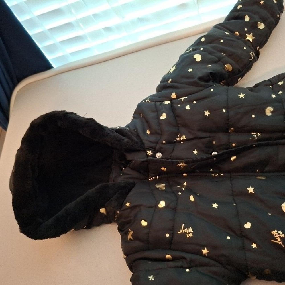 3/$15 Betsey Johnson Sz 6 Girls Black Gold Hooded Quilted‎ Stars Puffer Jacket - Picture 9 of 13